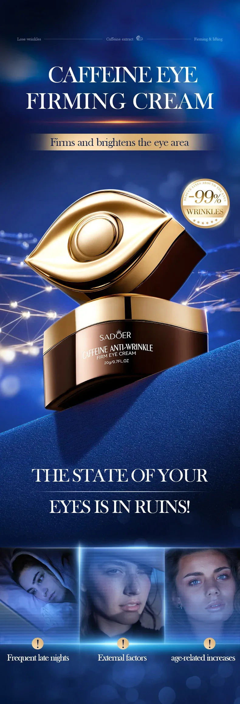 SADOER Caffeine Eye Cream - Anti Dark Circles & Eye Bags | Firming Treatment